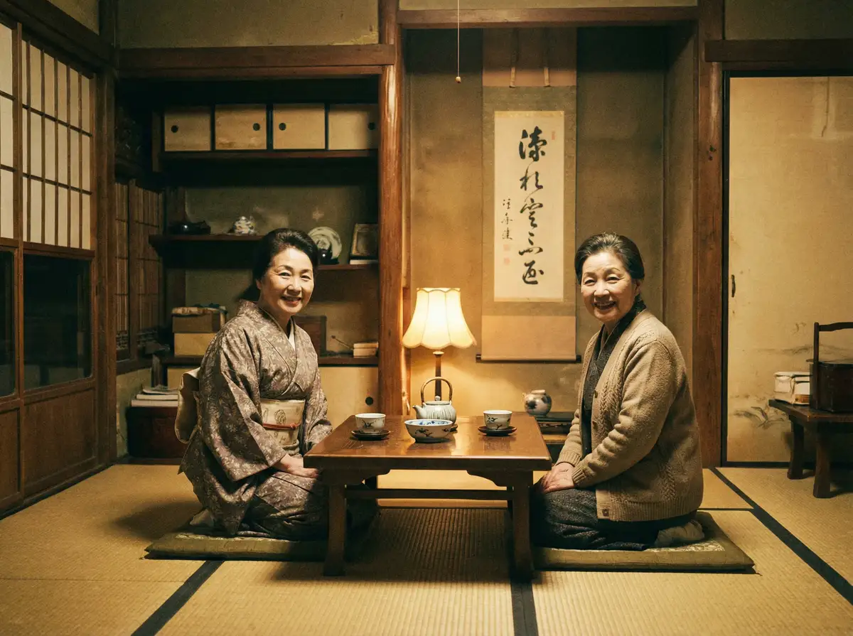 两位优雅的 9I电影制作厂 在日式茶室中品茶交谈